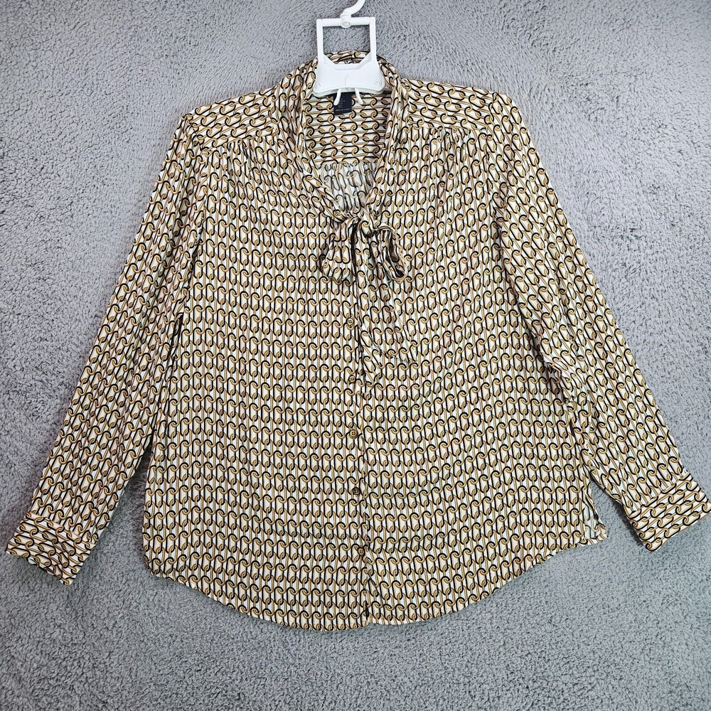 Rachel Roy Shirt Top Blouse Women Large Chain Print Button Up Long Sleeve Work